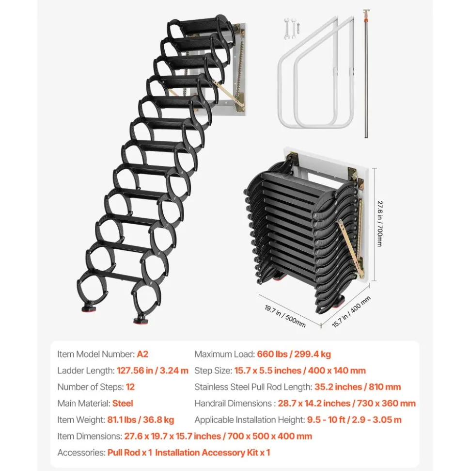 VEVOR Attic Ladder Wall-Mounted, 660LBS/299.4KG Capacity, Fits 9.5 to 10 ft Ceiling Height, 12-Step Steel Folding Stairs with Handrails, Pull Down Attic Ladders for Attics, Garages, Roofs, Basements