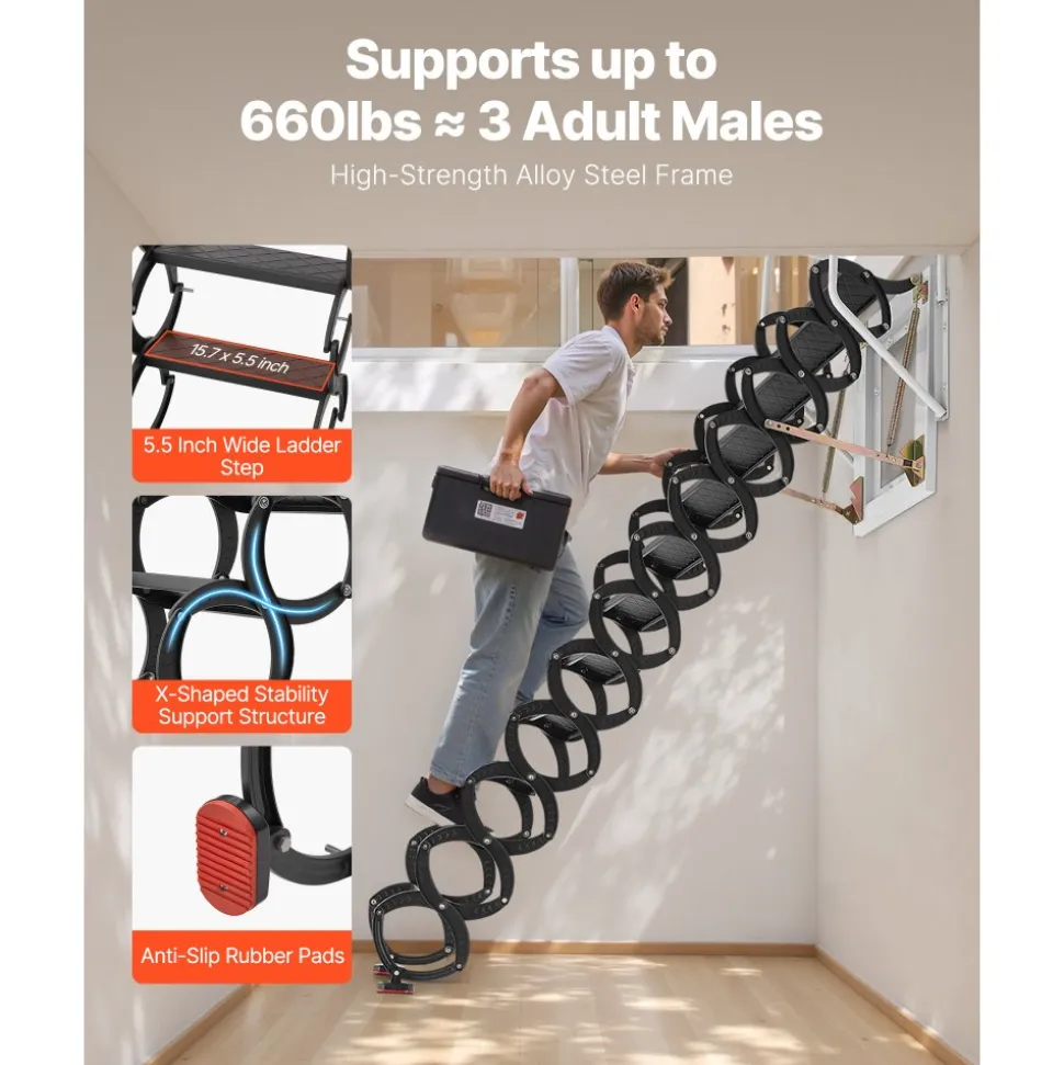 VEVOR Attic Ladder Wall-Mounted, 660LBS/299.4KG Capacity, Fits 9.5 to 10 ft Ceiling Height, 12-Step Steel Folding Stairs with Handrails, Pull Down Attic Ladders for Attics, Garages, Roofs, Basements