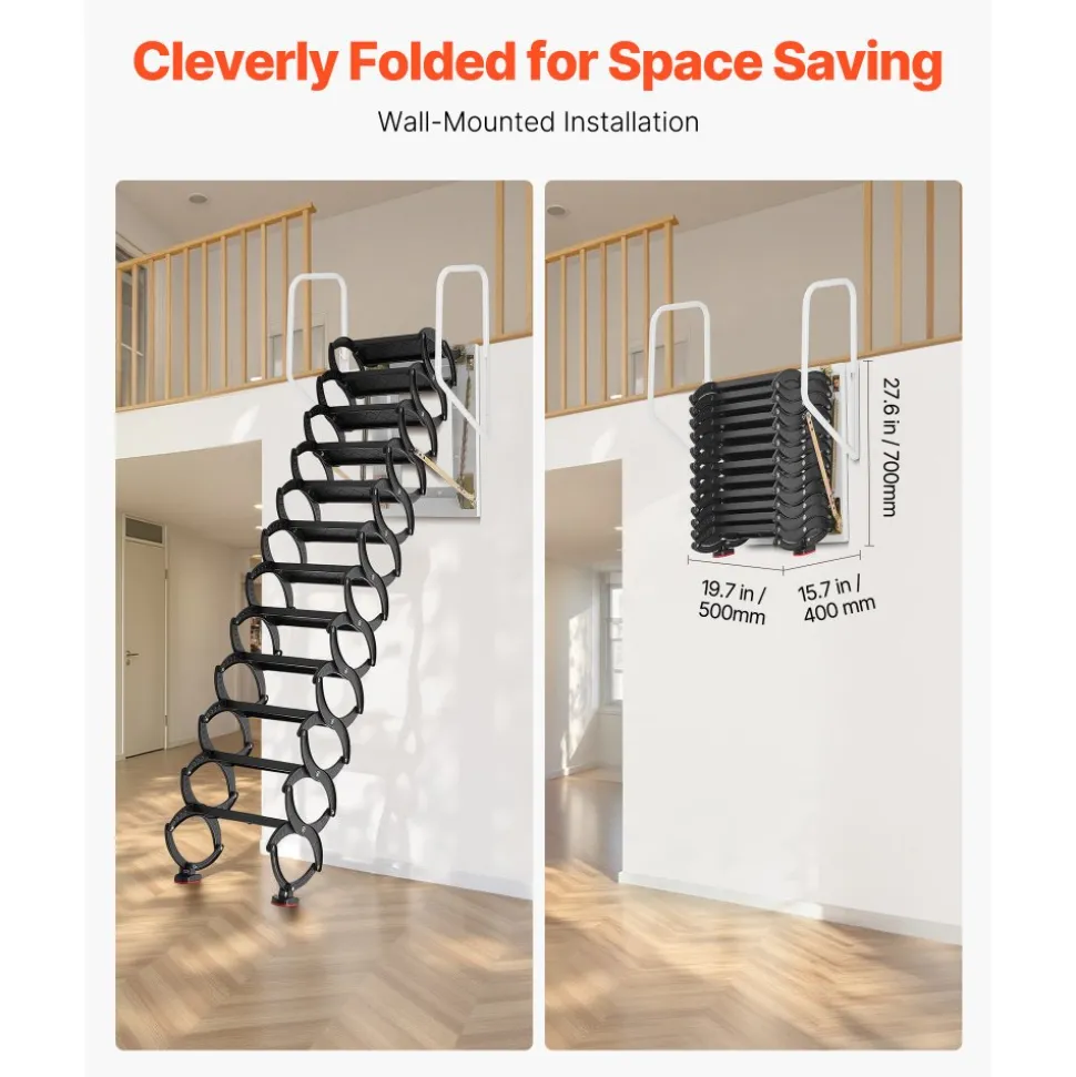 VEVOR Attic Ladder Wall-Mounted, 660LBS/299.4KG Capacity, Fits 9.5 to 10 ft Ceiling Height, 12-Step Steel Folding Stairs with Handrails, Pull Down Attic Ladders for Attics, Garages, Roofs, Basements