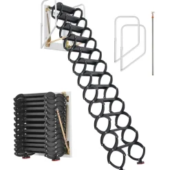 VEVOR Attic Ladder Wall-Mounted, 660LBS/299.4KG Capacity, Fits 9.5 to 10 ft Ceiling Height, 12-Step Steel Folding Stairs with Handrails, Pull Down Attic Ladders for Attics, Garages, Roofs, Basements