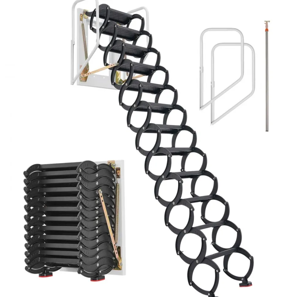 VEVOR Attic Ladder Wall-Mounted, 660LBS/299.4KG Capacity, Fits 9.5 to 10 ft Ceiling Height, 12-Step Steel Folding Stairs with Handrails, Pull Down Attic Ladders for Attics, Garages, Roofs, Basements