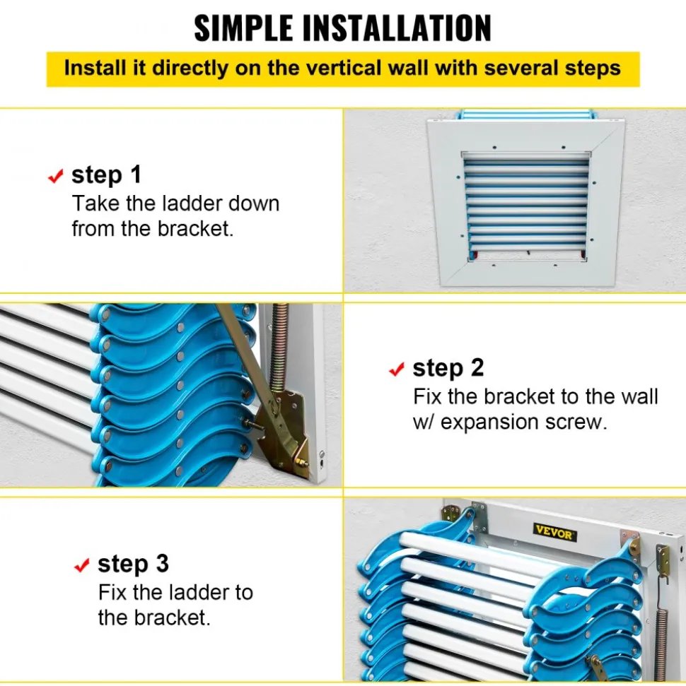VEVOR Attic Steps Pull Down 12 Steps Attic Stairs, Alloy Attic Access Ladder, Blue Pulldown Attic Stairs, Wall-mounted Folding Stairs for Attic, Retractable Attic Ladder with Armrests, 9.8 feet Height