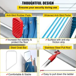 VEVOR Attic Steps Pull Down 12 Steps Attic Stairs, Alloy Attic Access Ladder, Blue Pulldown Attic Stairs, Wall-mounted Folding Stairs for Attic, Retractable Attic Ladder with Armrests, 9.8 feet Height