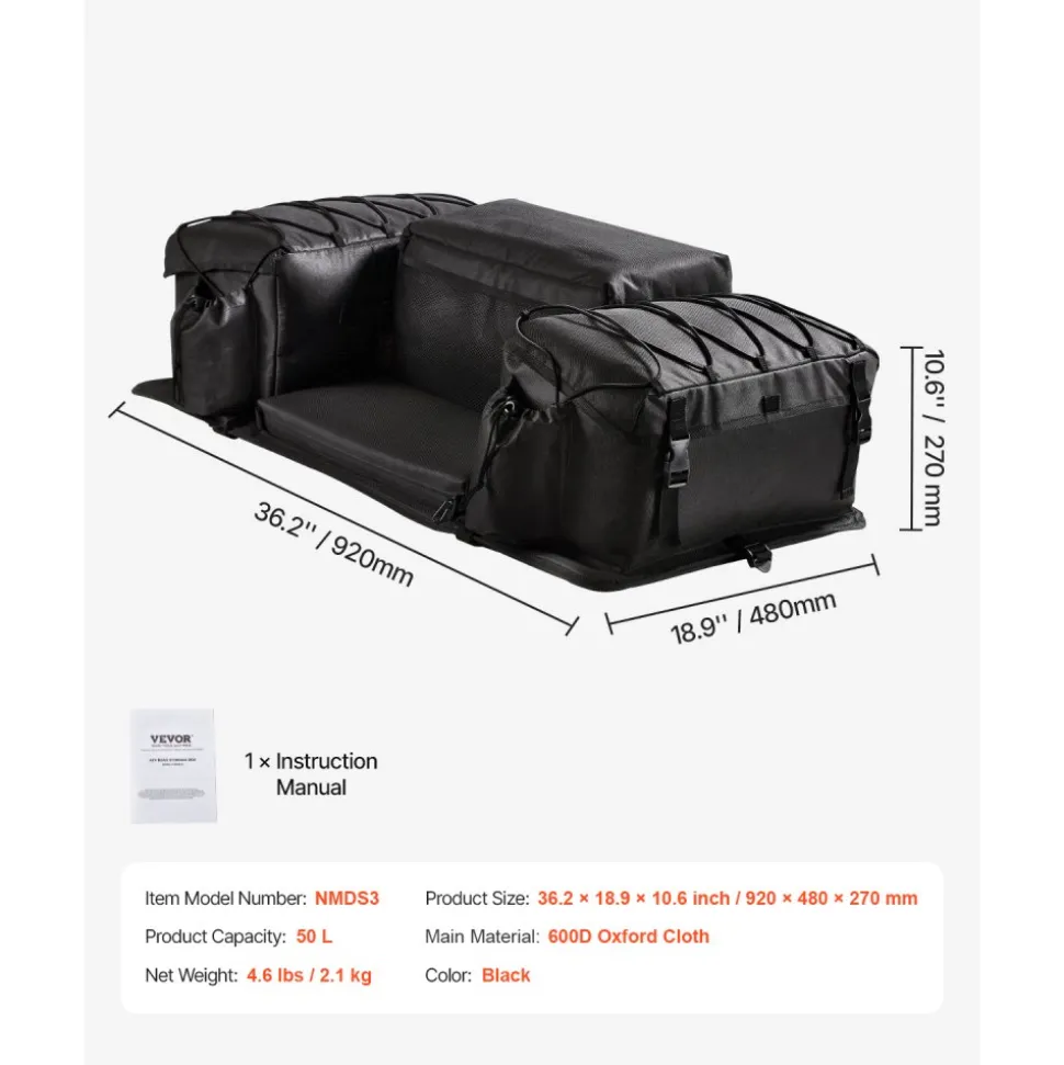 VEVOR ATV Rear Storage Bag, 50L ATV Rear Cargo Bag with Sponge Seat Cushion & Bottle Holder, 600D Oxford Cloth Rear Seat Gear Bag Fit Most ATVs with Rear Rack, Compatible with ATV, UTV, Can-Am Vehicle
