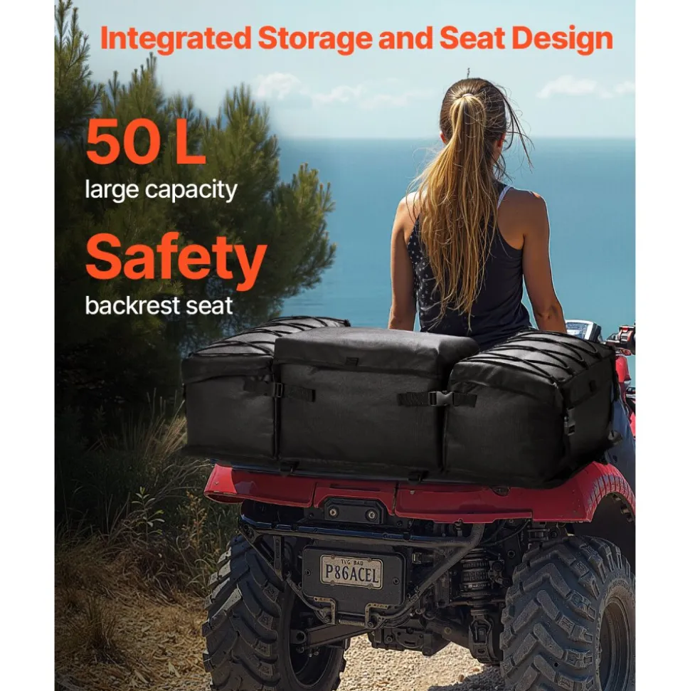 VEVOR ATV Rear Storage Bag, 50L ATV Rear Cargo Bag with Sponge Seat Cushion & Bottle Holder, 600D Oxford Cloth Rear Seat Gear Bag Fit Most ATVs with Rear Rack, Compatible with ATV, UTV, Can-Am Vehicle