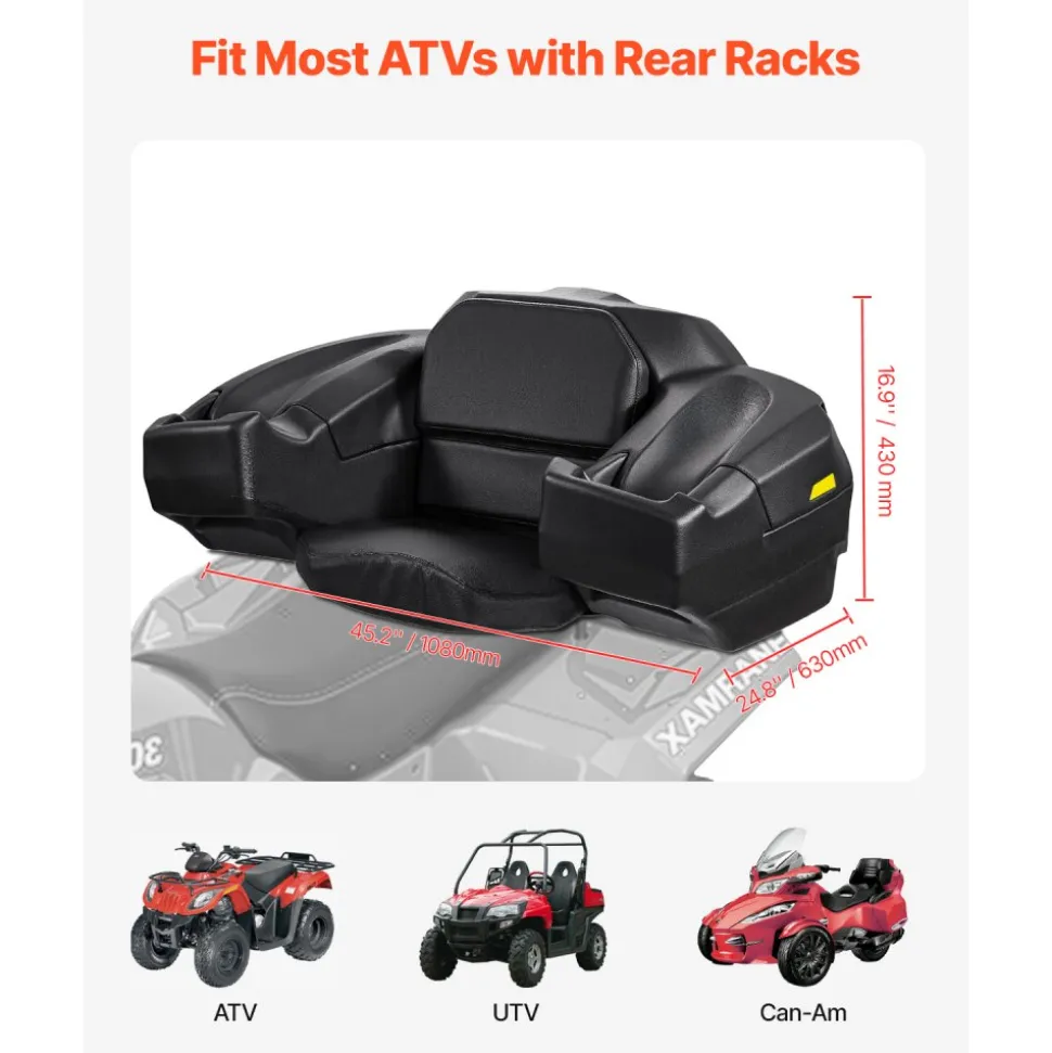 VEVOR ATV Rear Storage Box and Lounger, 95L ATV Cargo Box with Seat & Backrest, Waterproof LLDPE & Lockable Lounger Storage Box Fit Most ATVs with Rear Rack, Compatible with ATV, UTV, Can-Am Vehicles
