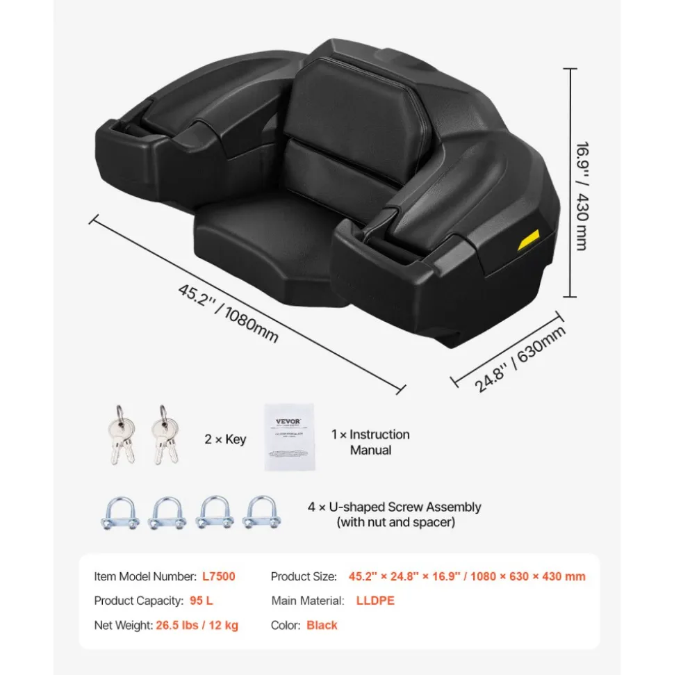 VEVOR ATV Rear Storage Box and Lounger, 95L ATV Cargo Box with Seat & Backrest, Waterproof LLDPE & Lockable Lounger Storage Box Fit Most ATVs with Rear Rack, Compatible with ATV, UTV, Can-Am Vehicles
