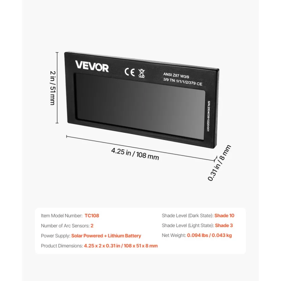 VEVOR Auto Darkening Welding Lens 4.25" x 2", Shade 10 True Color Welding Lens with Dual Arc Sensors & Gold Coating, Compatible with Most Welding Helmets for TIG, MIG, MMA, ARC Applications