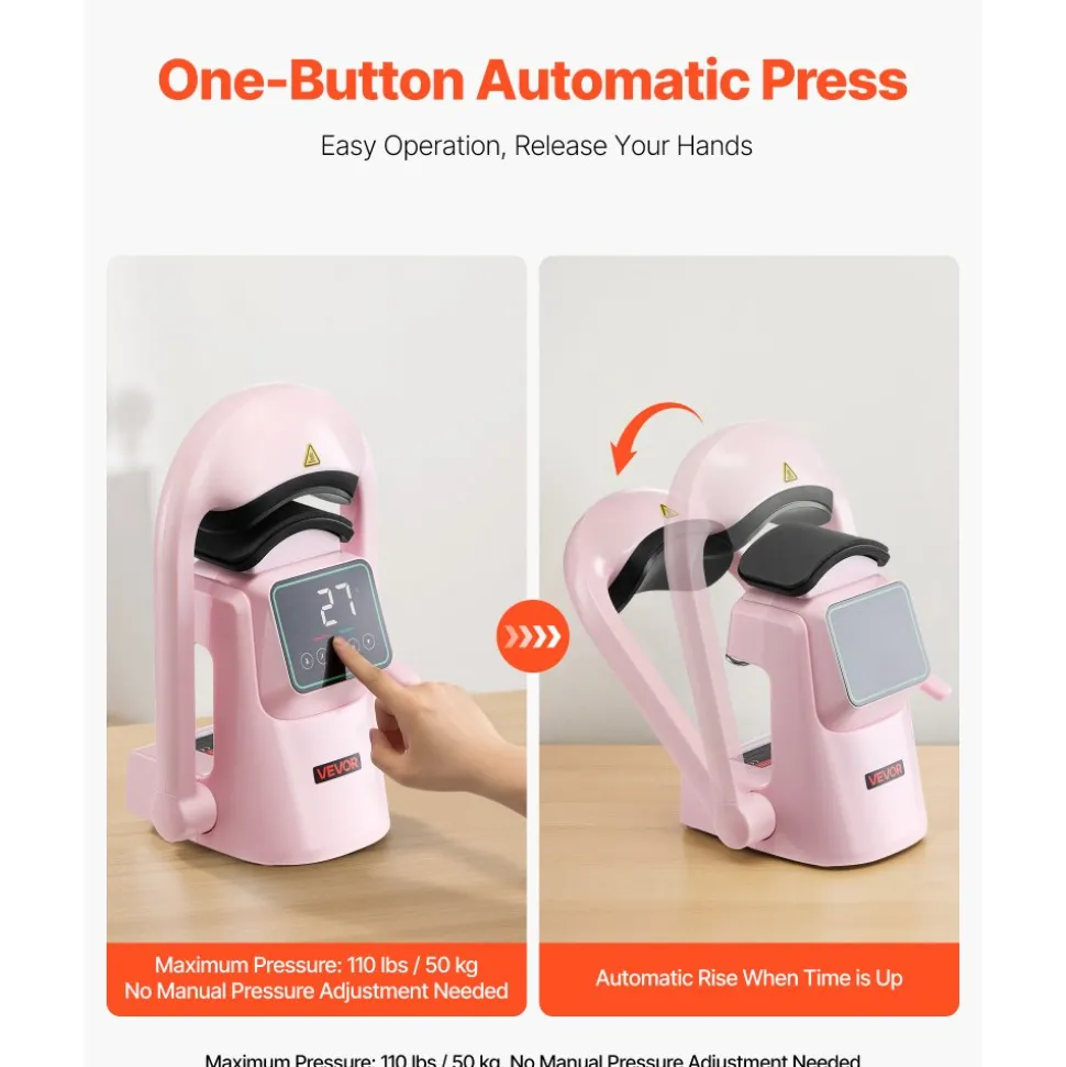 VEVOR Auto Hat Heat Press Machine, with 2pcs Interchangeable Platens, Automatic Open and Release, Touchscreen for Precise Time and Temperature Control, Heat Transfer Printing for Caps, Hats, Pink