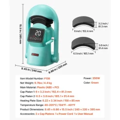 VEVOR Auto Hat Heat Press Machine, with 2pcs Interchangeable Platens, Automatic Open and Release, Touchscreen for Precise Time and Temperature Control, Heat Transfer Printing for Caps, Hats, Green