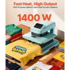VEVOR Auto Heat Press Machine 15 x 15 inch T-Shirt Press Machine Green, Auto Release and Adjustable Pressure, Digital Display, Rapid and Even Heating, for Sublimation, Vinyl, Heat Transfer Projects