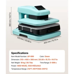 VEVOR Auto Heat Press Machine 15 x 15 inch T-Shirt Press Machine Green, Auto Release and Adjustable Pressure, Digital Display, Rapid and Even Heating, for Sublimation, Vinyl, Heat Transfer Projects