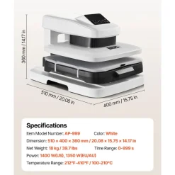 VEVOR Auto Heat Press Machine 15 x 15 inch T-Shirt Press Machine White, Auto Release and Adjustable Pressure, Digital Display, Rapid and Even Heating, for Sublimation, Vinyl, Heat Transfer Projects