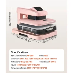 VEVOR Auto Heat Press Machine 15 x 15 inch T-Shirt Press Machine Pink, Auto Release and Adjustable Pressure, Digital Display, Rapid and Even Heating, for Sublimation, Vinyl, Heat Transfer Projects