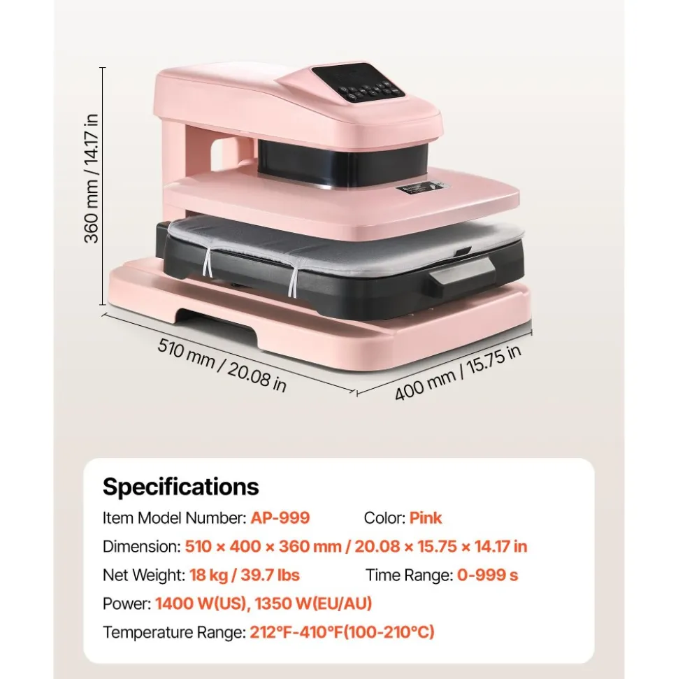 VEVOR Auto Heat Press Machine 15 x 15 inch T-Shirt Press Machine Pink, Auto Release and Adjustable Pressure, Digital Display, Rapid and Even Heating, for Sublimation, Vinyl, Heat Transfer Projects