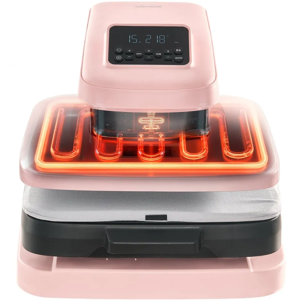 VEVOR Auto Heat Press Machine 15 x 15 inch T-Shirt Press Machine Pink, Auto Release and Adjustable Pressure, Digital Display, Rapid and Even Heating, for Sublimation, Vinyl, Heat Transfer Projects
