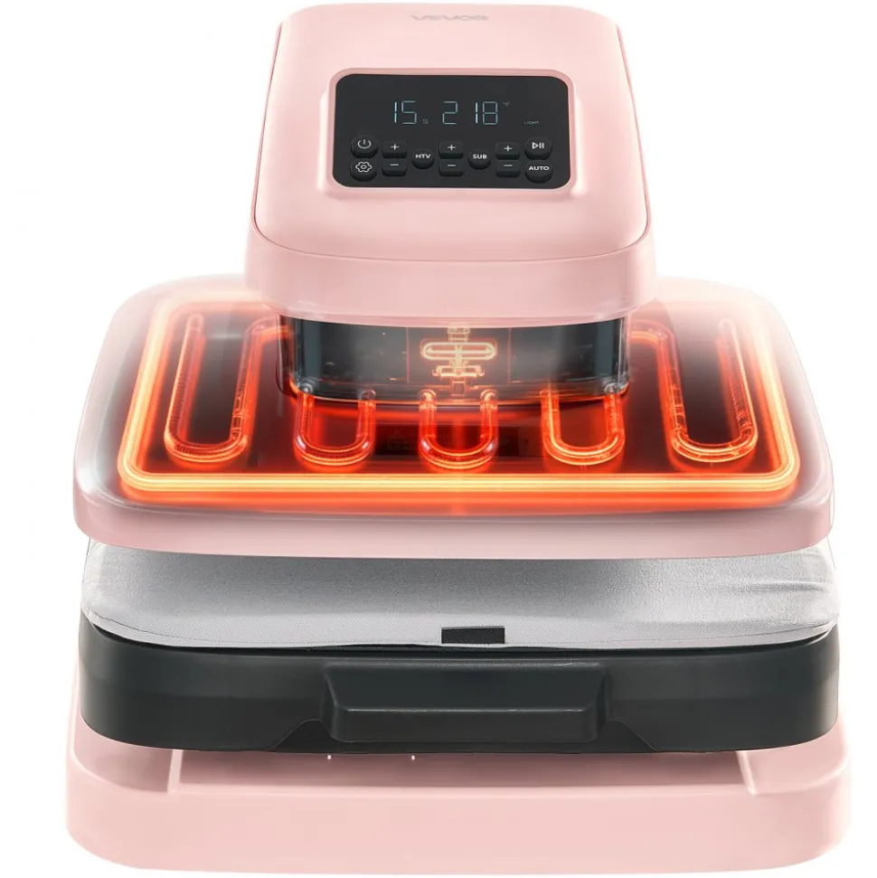VEVOR Auto Heat Press Machine 15 x 15 inch T-Shirt Press Machine Pink, Auto Release and Adjustable Pressure, Digital Display, Rapid and Even Heating, for Sublimation, Vinyl, Heat Transfer Projects