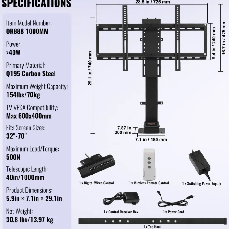 VEVOR Automated TV Elevator, 39.4" Stroke, Supports 32-70" TVs, Adjustable Height 28.74-68.11", Remote Controlled, Max Load 154 lbs