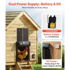 VEVOR Automatic Chicken Coop Door, DC & Battery Powered Chicken Door with LCD Display, Light Sensor, Timer & Manual Setting, Anti-Pinch Security, Durable Aluminum Alloy, Chick Run Gate Opener for Farm