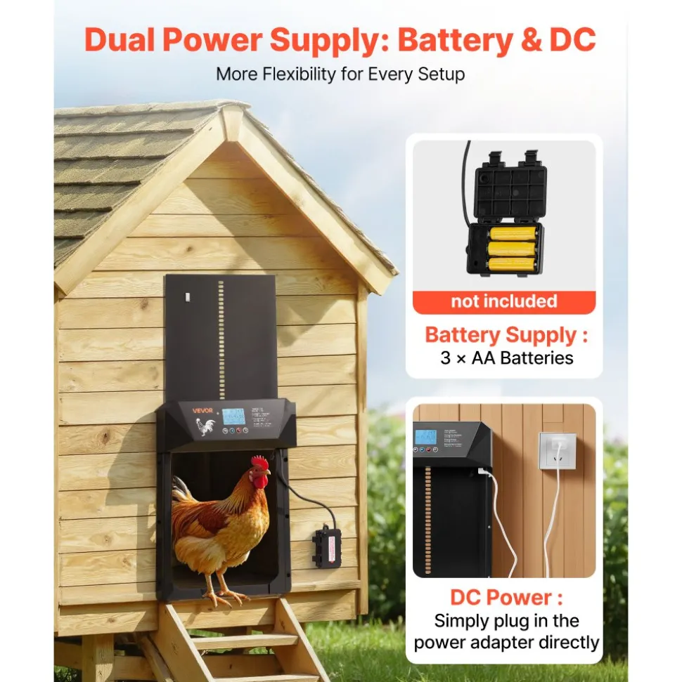 VEVOR Automatic Chicken Coop Door, DC & Battery Powered Chicken Door with LCD Display, Light Sensor, Timer & Manual Setting, Anti-Pinch Security, Durable Aluminum Alloy, Chick Run Gate Opener for Farm