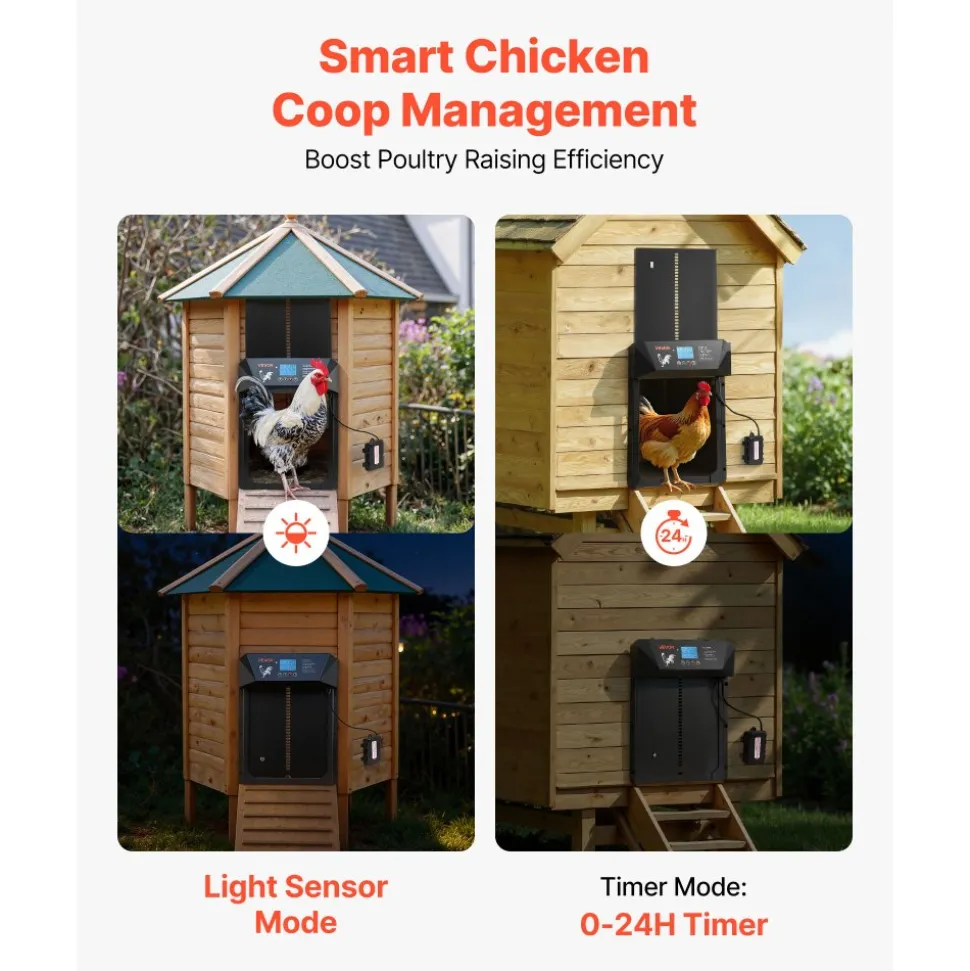 VEVOR Automatic Chicken Coop Door, DC & Battery Powered Chicken Door with LCD Display, Light Sensor, Timer & Manual Setting, Anti-Pinch Security, Durable Aluminum Alloy, Chick Run Gate Opener for Farm