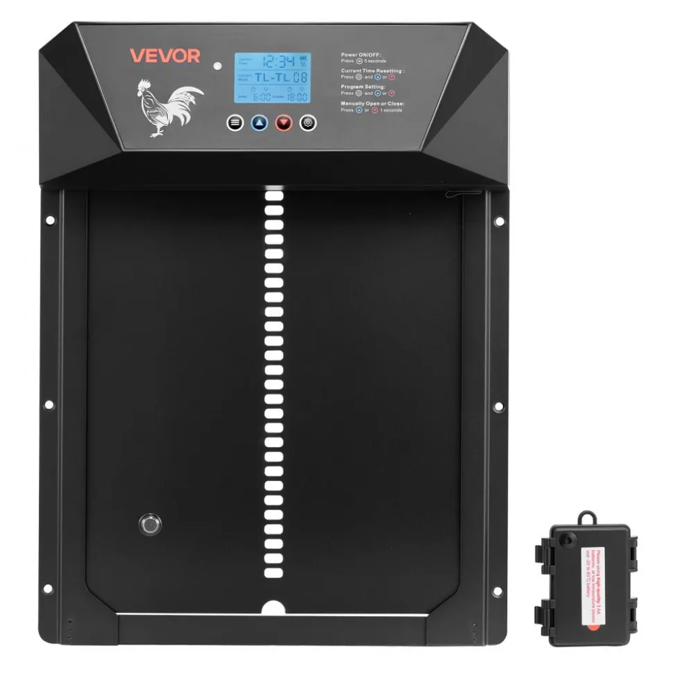 VEVOR Automatic Chicken Coop Door, DC & Battery Powered Chicken Door with LCD Display, Light Sensor, Timer & Manual Setting, Anti-Pinch Security, Durable Aluminum Alloy, Chick Run Gate Opener for Farm