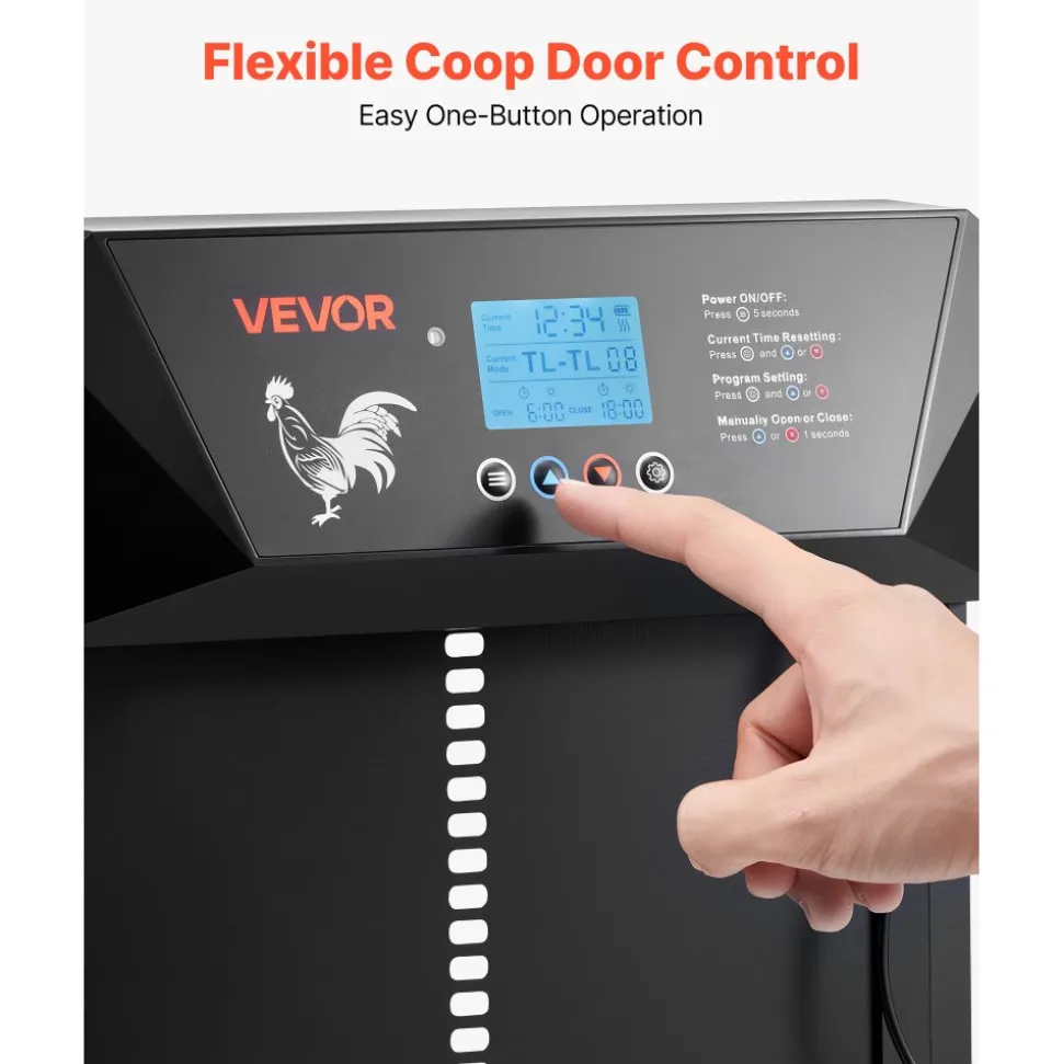 VEVOR Automatic Chicken Coop Door, DC & Battery Powered Chicken Door with LCD Display, Light Sensor, Timer & Manual Setting, Anti-Pinch Security, Durable Aluminum Alloy, Chick Run Gate Opener for Farm