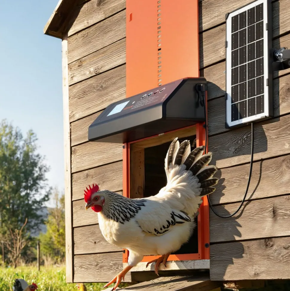 VEVOR Automatic Chicken Coop Door, Solar & Battery Powered Chicken Door with LCD Display, Remote Control, Light Sensor & Timer, Anti-Pinch Security, Aluminum Alloy Chick Run Gate Opener, Orange