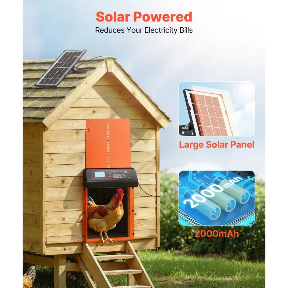 VEVOR Automatic Chicken Coop Door, Solar & Battery Powered Chicken Door with LCD Display, Remote Control, Light Sensor & Timer, Anti-Pinch Security, Aluminum Alloy Chick Run Gate Opener, Orange