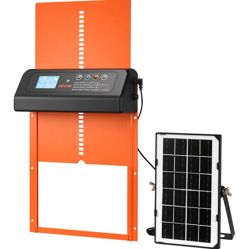 VEVOR Automatic Chicken Coop Door, Solar & Battery Powered Chicken Door with LCD Display, Remote Control, Light Sensor & Timer, Anti-Pinch Security, Aluminum Alloy Chick Run Gate Opener, Orange