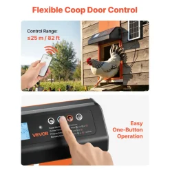 VEVOR Automatic Chicken Coop Door, Solar & Battery Powered Chicken Door with LCD Display, Remote Control, Light Sensor & Timer, Anti-Pinch Security, Aluminum Alloy Chick Run Gate Opener, Orange