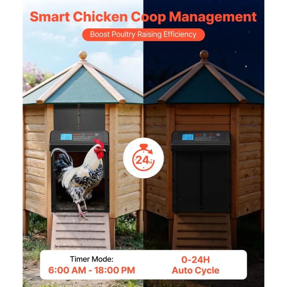 VEVOR Automatic Chicken Coop Door, Battery Powered Chicken Coop Door with Timer & Manual Setting, Anti-Pinch Security, Durable Aluminum Alloy, Auto Chick Run Gate Opener with Waterproof Sealing, Black