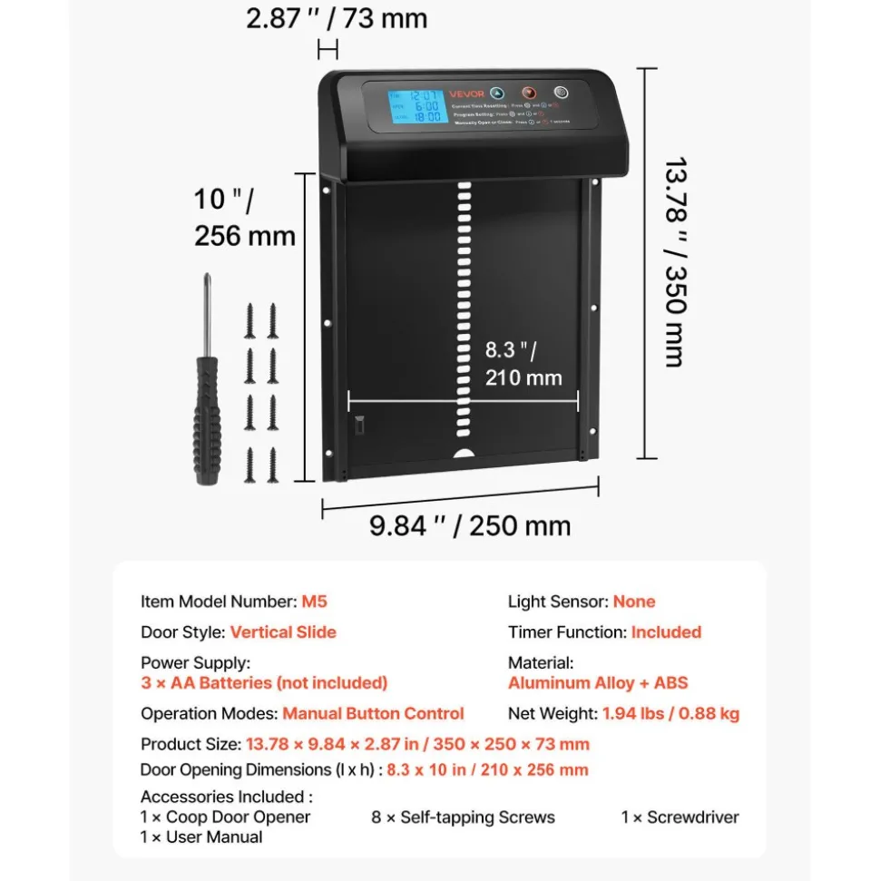 VEVOR Automatic Chicken Coop Door, Battery Powered Chicken Coop Door with Timer & Manual Setting, Anti-Pinch Security, Durable Aluminum Alloy, Auto Chick Run Gate Opener with Waterproof Sealing, Black