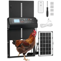 VEVOR Automatic Chicken Coop Door, Solar & Battery Powered Chicken Door with LCD Display, Remote Control, Light Sensor & Timer, Anti-Pinch Security, Aluminum Alloy Chick Run Gate Opener, Black