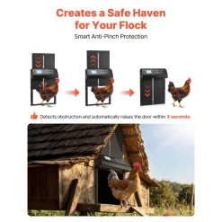 VEVOR Automatic Chicken Coop Door, Solar & Battery Powered Chicken Door with LCD Display, Remote Control, Light Sensor & Timer, Anti-Pinch Security, Aluminum Alloy Chick Run Gate Opener, Black