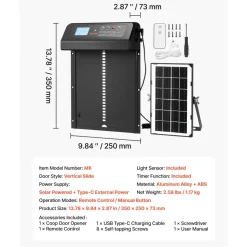 VEVOR Automatic Chicken Coop Door, Solar & Battery Powered Chicken Door with LCD Display, Remote Control, Light Sensor & Timer, Anti-Pinch Security, Aluminum Alloy Chick Run Gate Opener, Black