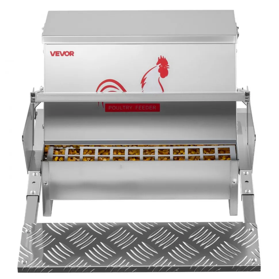 VEVOR Automatic Chicken Feeder, 40 lbs Capacity, Rainproof Treadle Poultry Feeder with Lockable Lid, No Waste, Galvanized Steel Construction, Outdoor Use, for Chicken, Bantams, Poultry, Pheasants