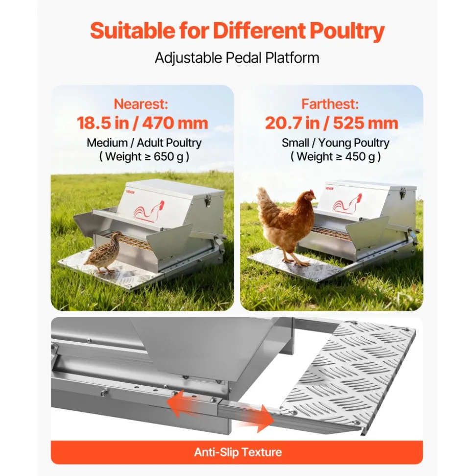 VEVOR Automatic Chicken Feeder, 40 lbs Capacity, Rainproof Treadle Poultry Feeder with Lockable Lid, No Waste, Galvanized Steel Construction, Outdoor Use, for Chicken, Bantams, Poultry, Pheasants
