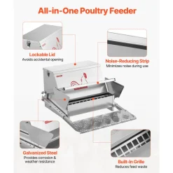 VEVOR Automatic Chicken Feeder, 40 lbs Capacity, Rainproof Treadle Poultry Feeder with Lockable Lid, No Waste, Galvanized Steel Construction, Outdoor Use, for Chicken, Bantams, Poultry, Pheasants