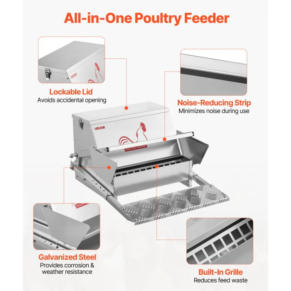 VEVOR Automatic Chicken Feeder, 40 lbs Capacity, Rainproof Treadle Poultry Feeder with Lockable Lid, No Waste, Galvanized Steel Construction, Outdoor Use, for Chicken, Bantams, Poultry, Pheasants