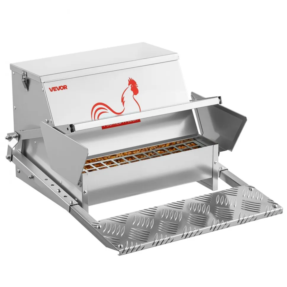 VEVOR Automatic Chicken Feeder, 40 lbs Capacity, Rainproof Treadle Poultry Feeder with Lockable Lid, No Waste, Galvanized Steel Construction, Outdoor Use, for Chicken, Bantams, Poultry, Pheasants