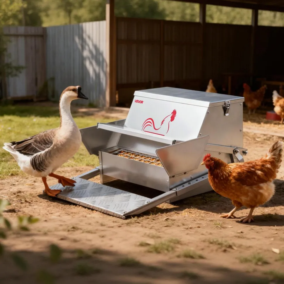 VEVOR Automatic Chicken Feeder, 40 lbs Capacity, Rainproof Treadle Poultry Feeder with Lockable Lid, No Waste, Galvanized Steel Construction, Outdoor Use, for Chicken, Bantams, Poultry, Pheasants