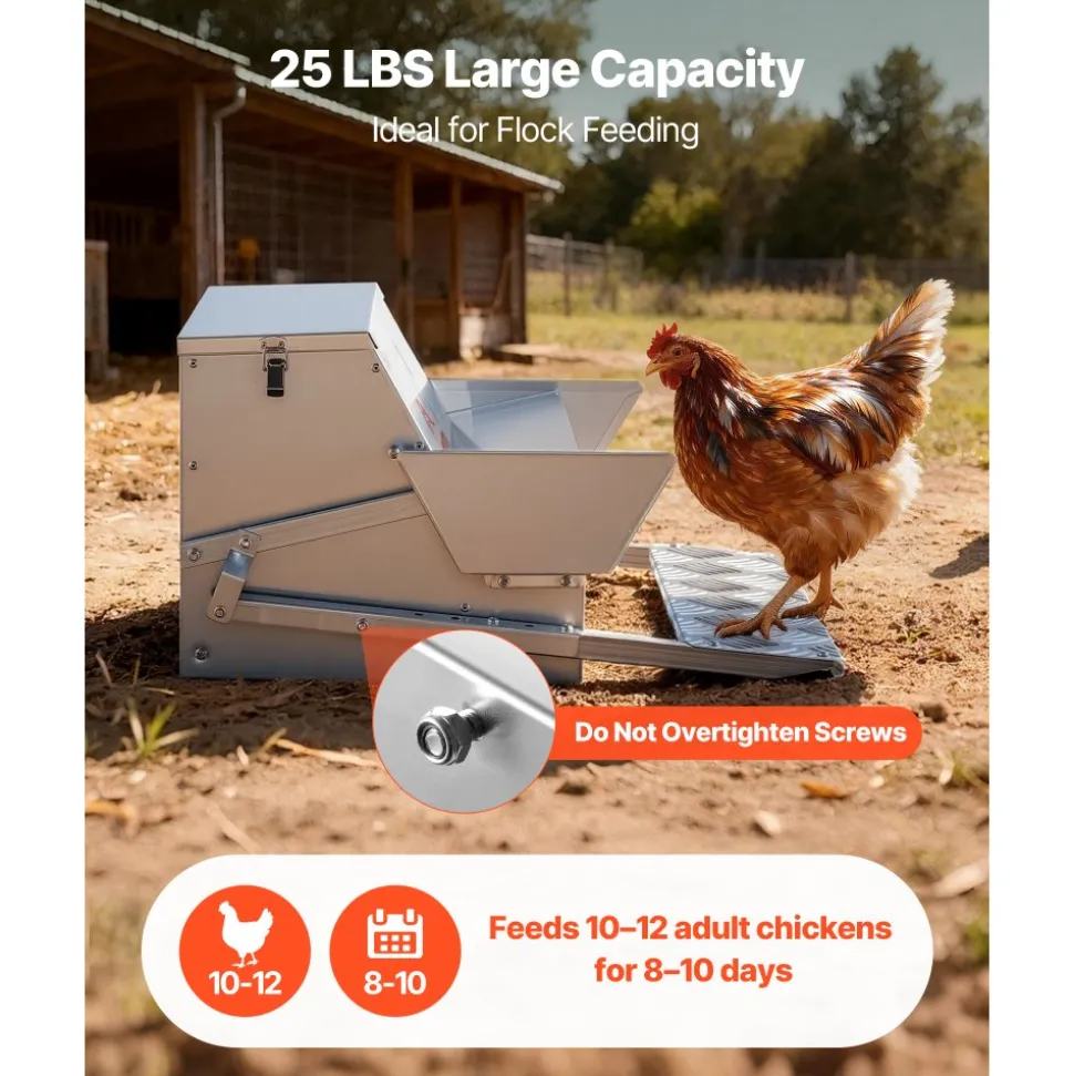 VEVOR Automatic Chicken Feeder, 40 lbs Capacity, Rainproof Treadle Poultry Feeder with Lockable Lid, No Waste, Galvanized Steel Construction, Outdoor Use, for Chicken, Bantams, Poultry, Pheasants