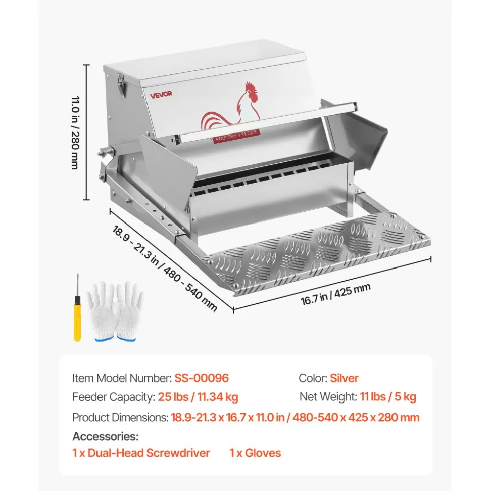 VEVOR Automatic Chicken Feeder, 40 lbs Capacity, Rainproof Treadle Poultry Feeder with Lockable Lid, No Waste, Galvanized Steel Construction, Outdoor Use, for Chicken, Bantams, Poultry, Pheasants