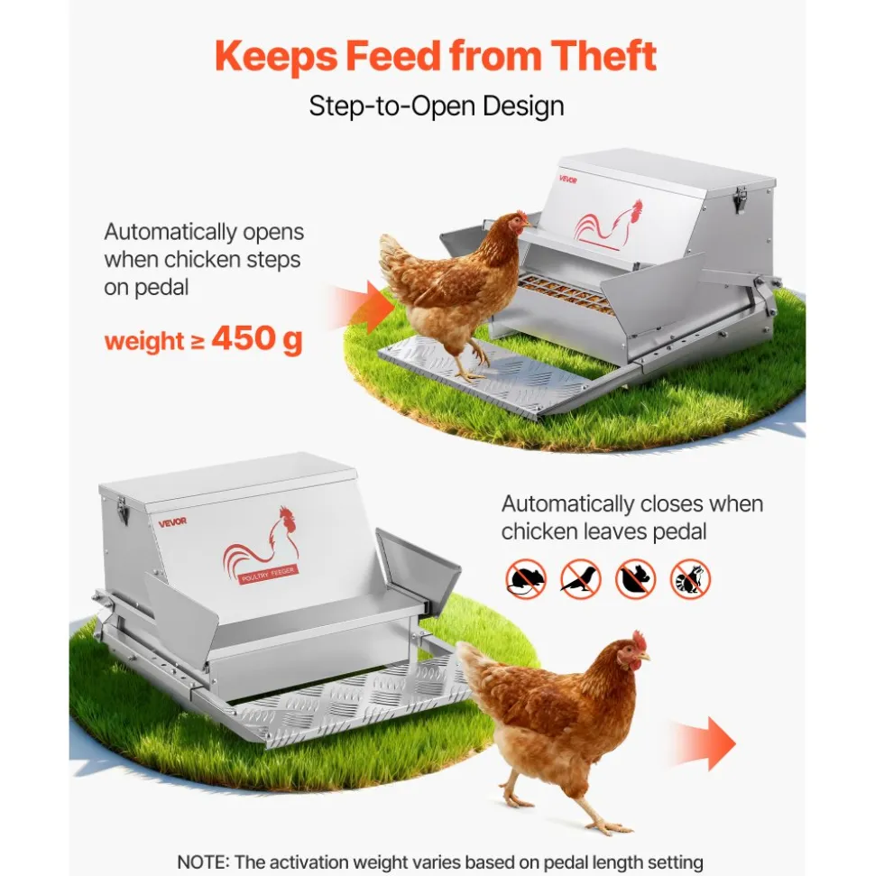 VEVOR Automatic Chicken Feeder, 40 lbs Capacity, Rainproof Treadle Poultry Feeder with Lockable Lid, No Waste, Galvanized Steel Construction, Outdoor Use, for Chicken, Bantams, Poultry, Pheasants