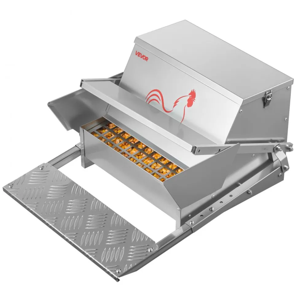 VEVOR Automatic Chicken Feeder, 40 lbs Capacity, Rainproof Treadle Poultry Feeder with Lockable Lid, No Waste, Galvanized Steel Construction, Outdoor Use, for Chicken, Bantams, Poultry, Pheasants