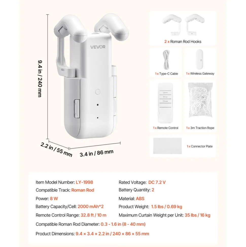 VEVOR Automatic Curtain Opener, APP and Remote Control, Hub Included, Electric Smart Curtain Opener Compatible with Alexa and Google Home, Timed Opening and Closing, Silent Mode, for Roman Rods