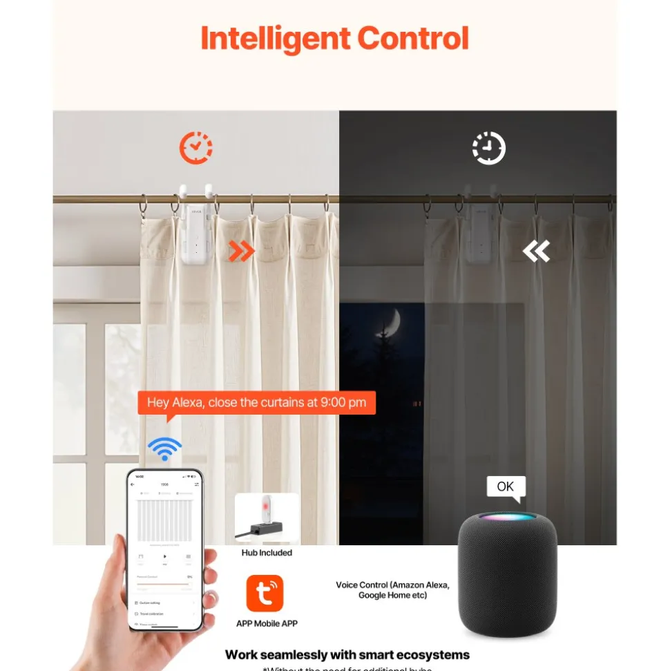 VEVOR Automatic Curtain Opener, APP and Remote Control, Hub Included, Electric Smart Curtain Opener Compatible with Alexa and Google Home, Timed Opening and Closing, Silent Mode, for Roman Rods