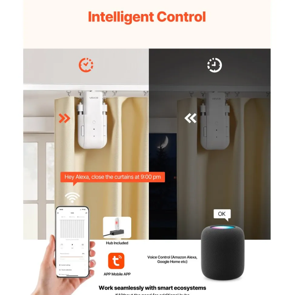 VEVOR Automatic Curtain Opener, 2 Pack, APP and Remote Control, Hub Included, Electric Smart Curtain Opener Compatible with Alexa and Google Home, Timed Opening and Closing, for Roman Rods, U/I Rails