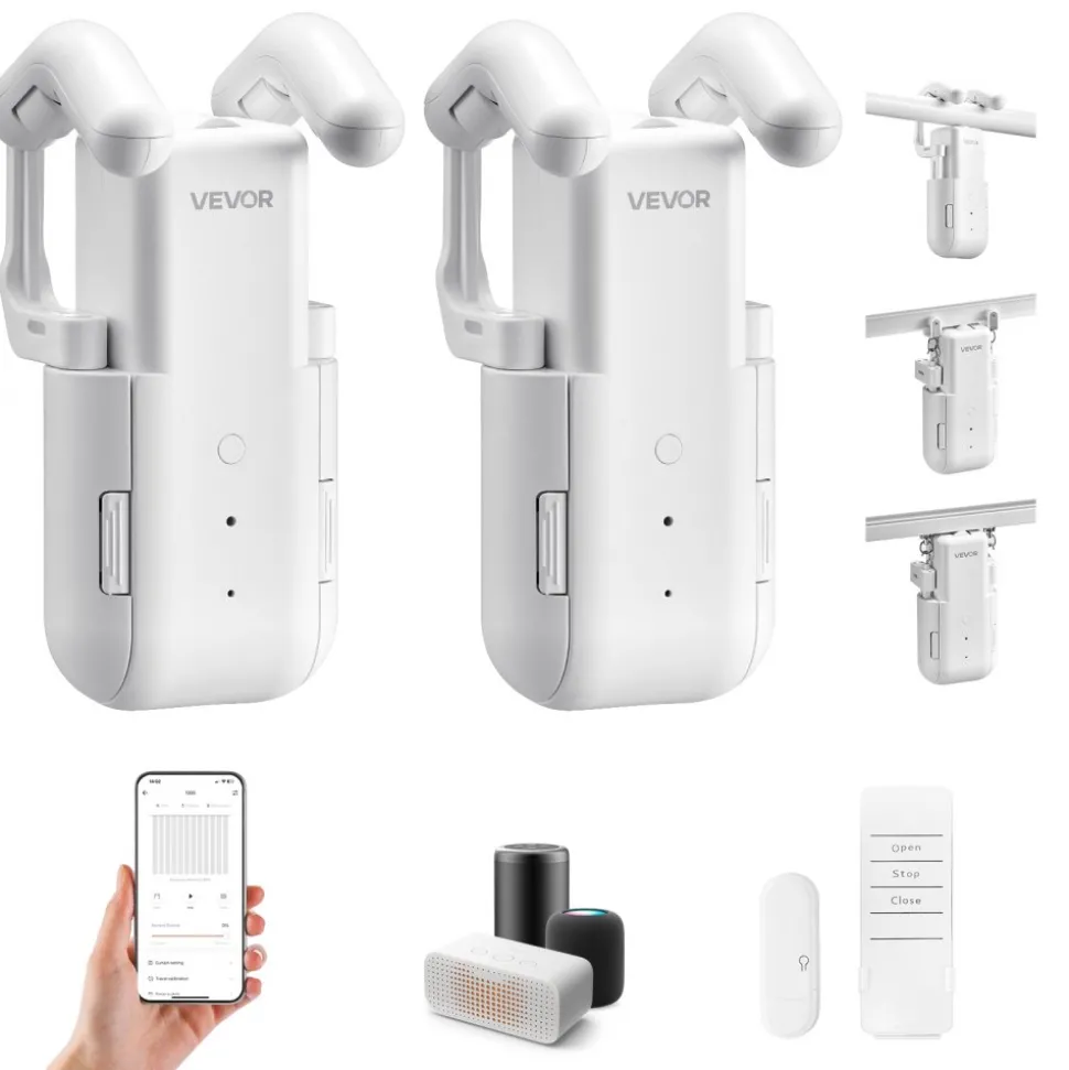 VEVOR Automatic Curtain Opener, 2 Pack, APP and Remote Control, Hub Included, Electric Smart Curtain Opener Compatible with Alexa and Google Home, Timed Opening and Closing, for Roman Rods, U/I Rails